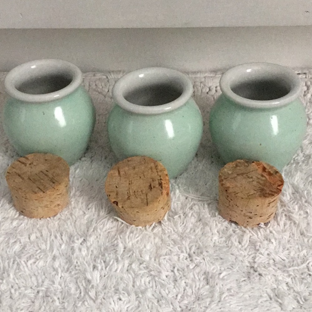 PENTIK FINLAND Set of Three Cork Lid Spice Jars Light Turquoise color.